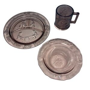 Tiara Indiana Glass Amethyst Nursery Rhyme Plate Mug & Bowl Set Mother Goose